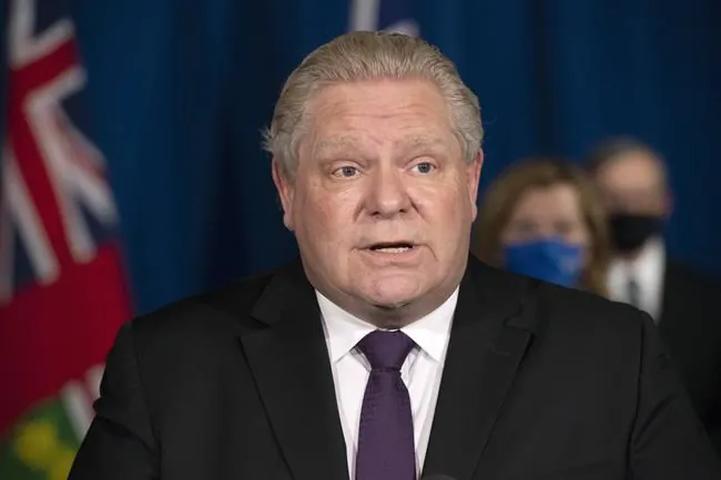 Ontario Premier Doug Ford speaks at the daily briefing in Toronto on February 8, 2021. Ontario will unveil a budget Wednesday that's expected to focus on recovering from the COVID-19 pandemic, although it remains unclear if it will chart a path to balance. (Frank Gunn / The Canadian Press)