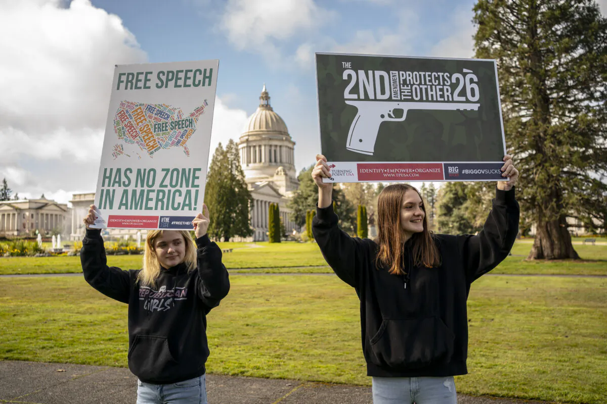 Demonstrators gather for a Second Amendment rally at the Washington State Capitol in Olympia, Washington, on March 20, 2021. (David Ryder/Getty Images)