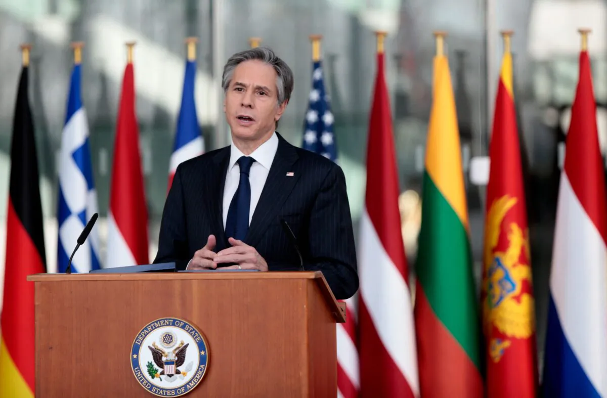 U.S. Secretary of State Antony Blinken speaks after a meeting of NATO foreign ministers at NATO headquarters in Brussels, on March 24, 2021. (Virginia Mayo/Pool AP/AFP via Getty Images)