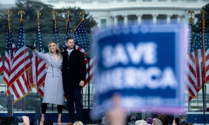 Lara Trump and Eric Trump speak during a rally of supporters of President Donald Trump on  Ellipse outside of the White House in Washington on Jan. 6, 2021. (Brendan Smialowski/AFP via Getty Images)
