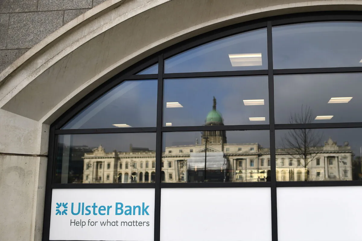 The Customs House is reflected in the window of the Ulster Bank, in Dublin, Ireland, on March 1, 2021. (Clodagh Kilcoyne /Reuters)