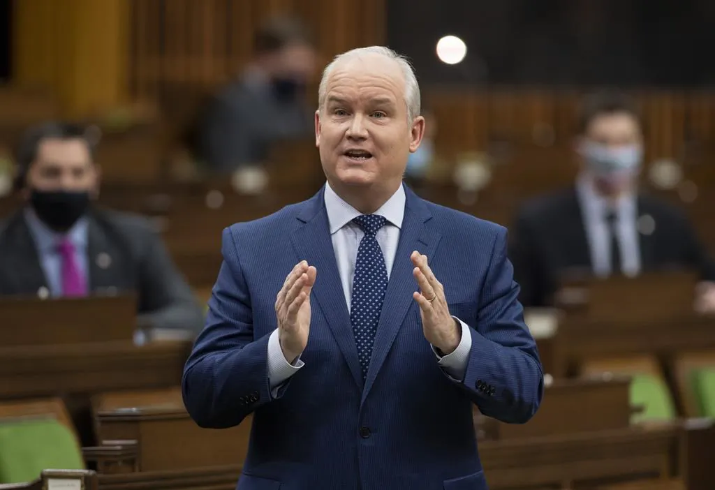 Leader of the Opposition Erin O'Toole rises during Question Period in the House of Commons on February 3, 2021 in Ottawa. (Adrian Wyld/The Canadian Press)