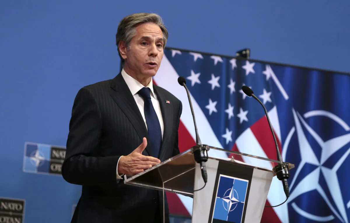 U.S. Secretary of State Antony Blinken speaks during a media conference after a meeting of NATO foreign ministers at NATO headquarters in Brussels on March 24, 2021. (Virginia Mayo/Pool/AP Photo)