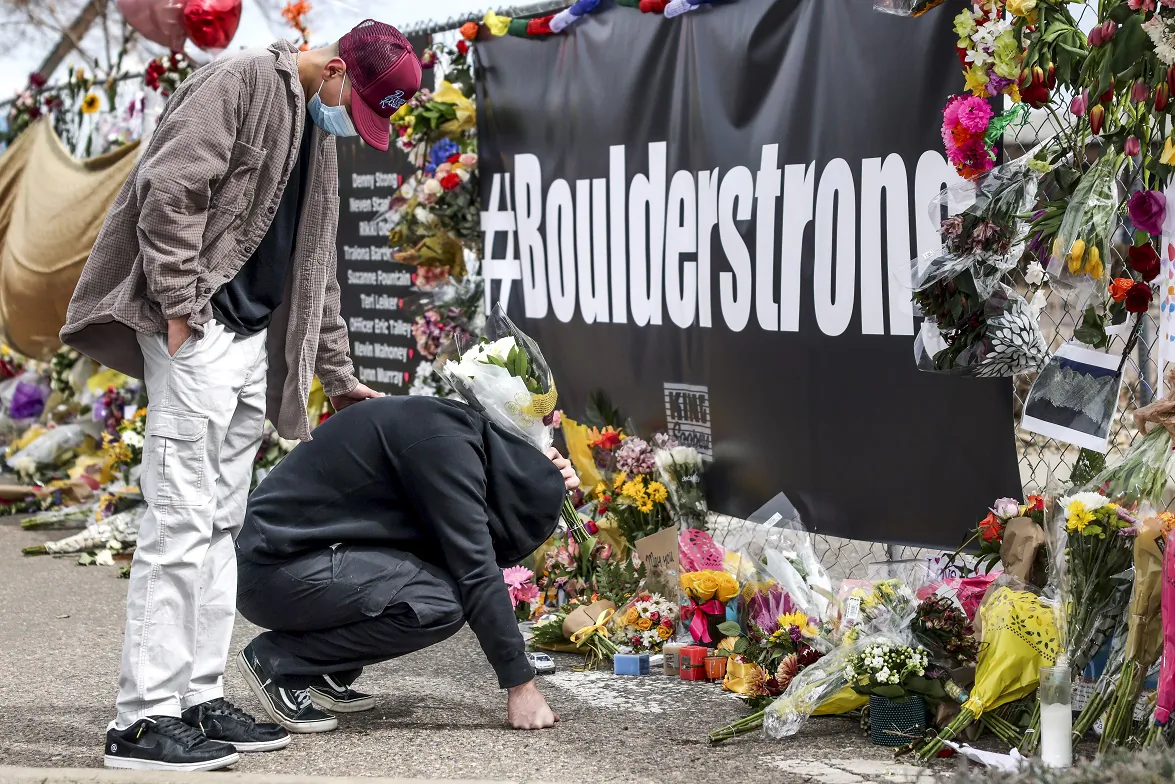 A makeshift memorial outside a King Soopers grocery store where ten people were murdered in Boulder, Colo., on March 25, 2021. (Michael Ciaglo/Getty Images)
