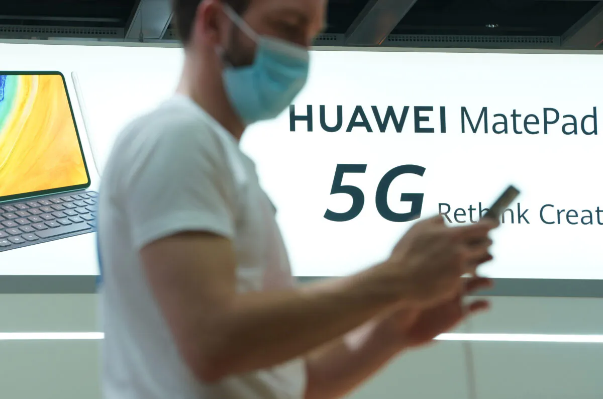 The Huawei stand promotes 5G products at the IFA 2020 Special Edition consumer electronics and appliances trade fair on the fair's opening day in Berlin, Germany, on Sept. 3, 2020. (Sean Gallup/Getty Images)