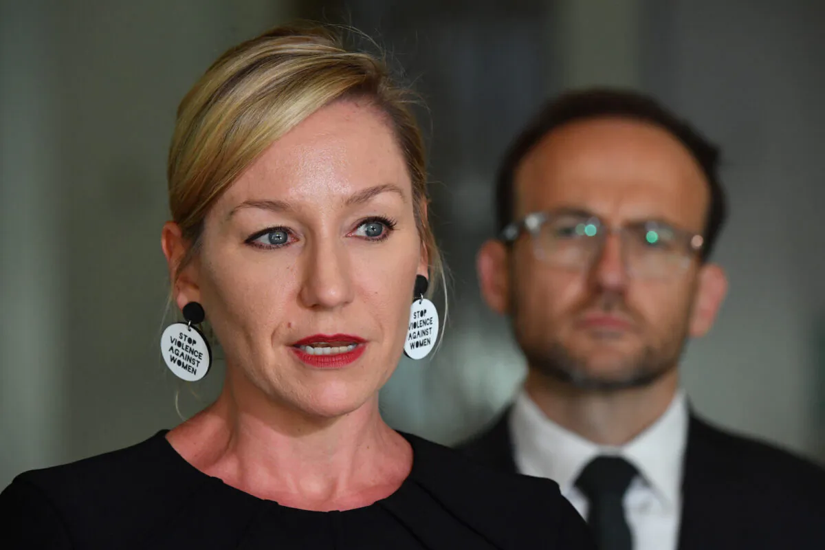 Greens Senator Larissa Waters and Leader Adam Bandt and hold a snap press conference in the Mural Hall at Parliament House in Canberra, Australia on March 15, 2021. (Sam Mooy/Getty Images)