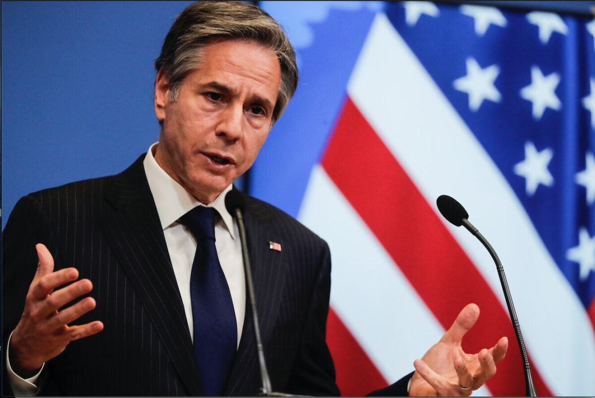 U.S. Secretary of State Antony Blinken speaks during a news conference at the end of a NATO Foreign Affairs Ministers meeting at NATO headquarters in Brussels, Wednesday, March 24, 2021. (Olivier Hoslet,/Pool Photo via AP)