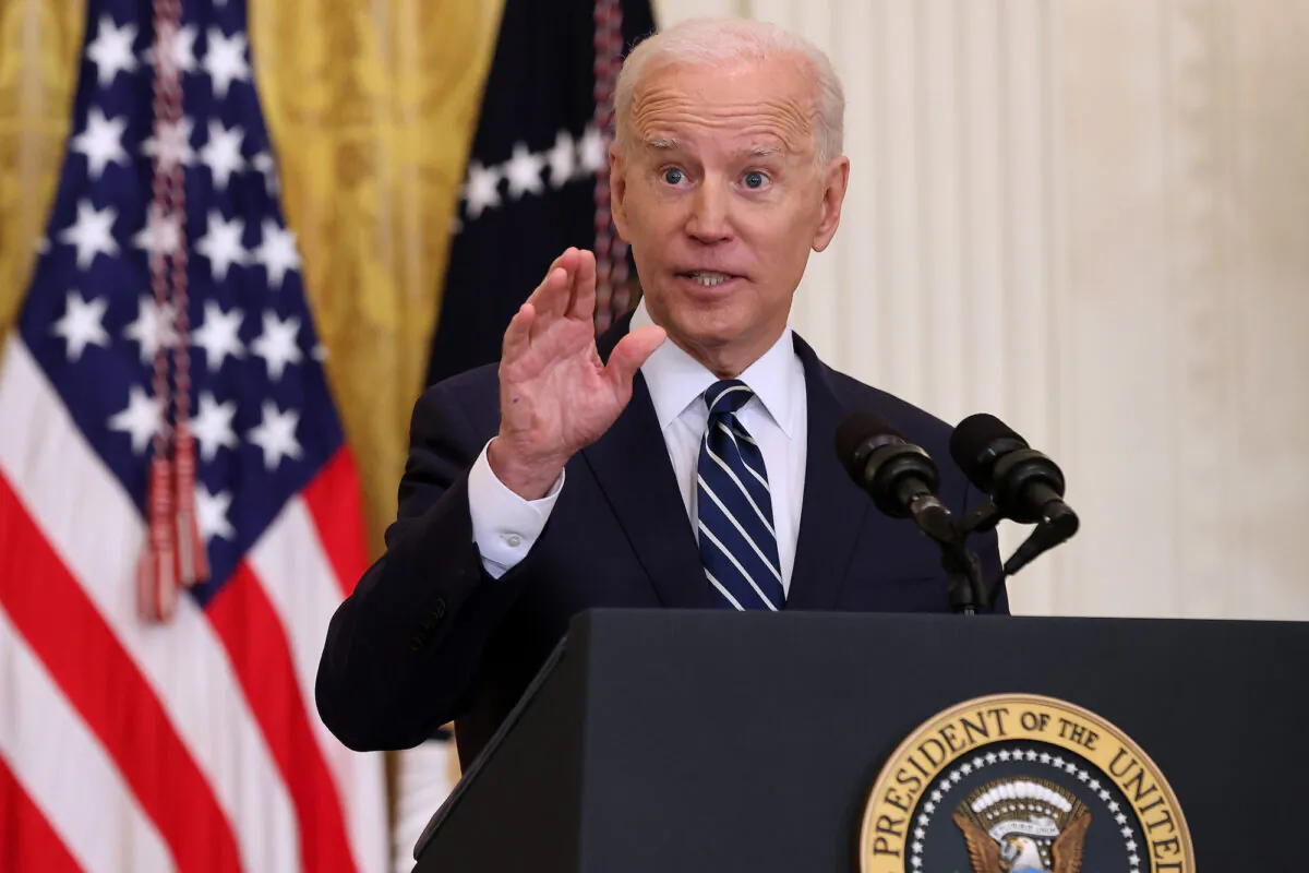 President Joe Biden talks to reporters during the first news conference of his presidency in the East Room of the White House on March 25, 2021. (Chip Somodevilla/Getty Images)