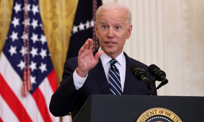 President Joe Biden talks to reporters during the first news conference of his presidency in the East Room of the White House on March 25, 2021. (Chip Somodevilla/Getty Images)