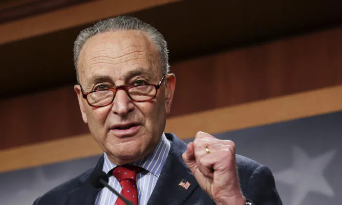Senate Majority Leader Chuck Schumer (D-N.Y.) speaks to reporters on Capitol Hill in Washington on March 25, 2021. (Jonathan Ernst/Pool/Getty Images)