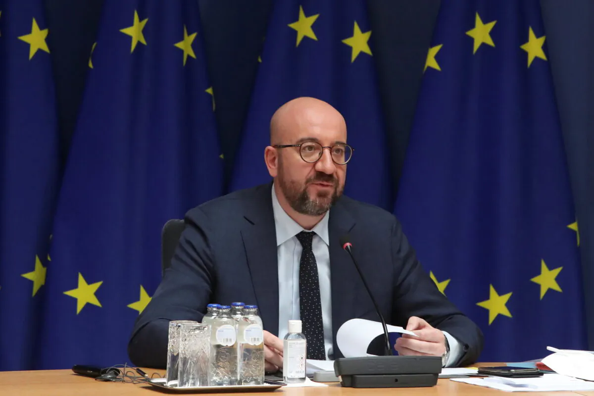 European Council President Charles Michel speaks during a video conference with the leaders, during an EU summit in Brussels, Belgium, on March 25, 2021. (Yves Herman/Reuters)