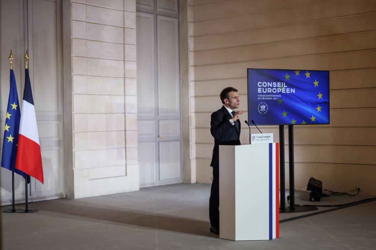French President Emmanuel Macron delivers a press conference after a European Council summit held over video-conference, in Paris