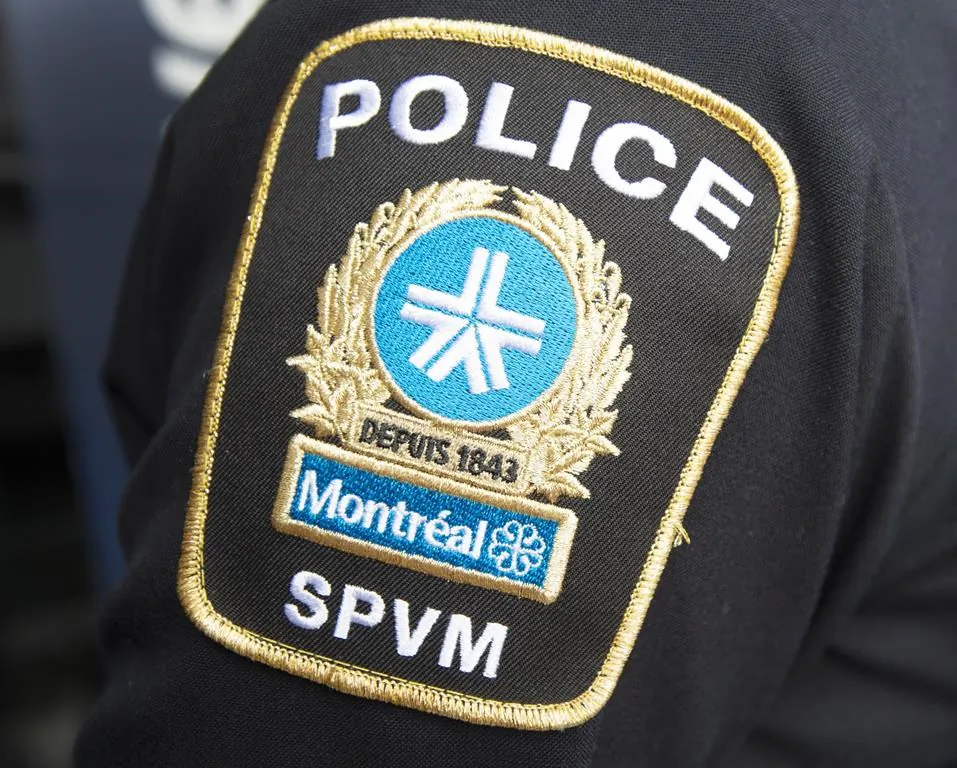 A Montreal police patch is seen on an officer during a news conference in Montreal, on March 25, 2021. (Ryan Remiorz/The Canadian Press)