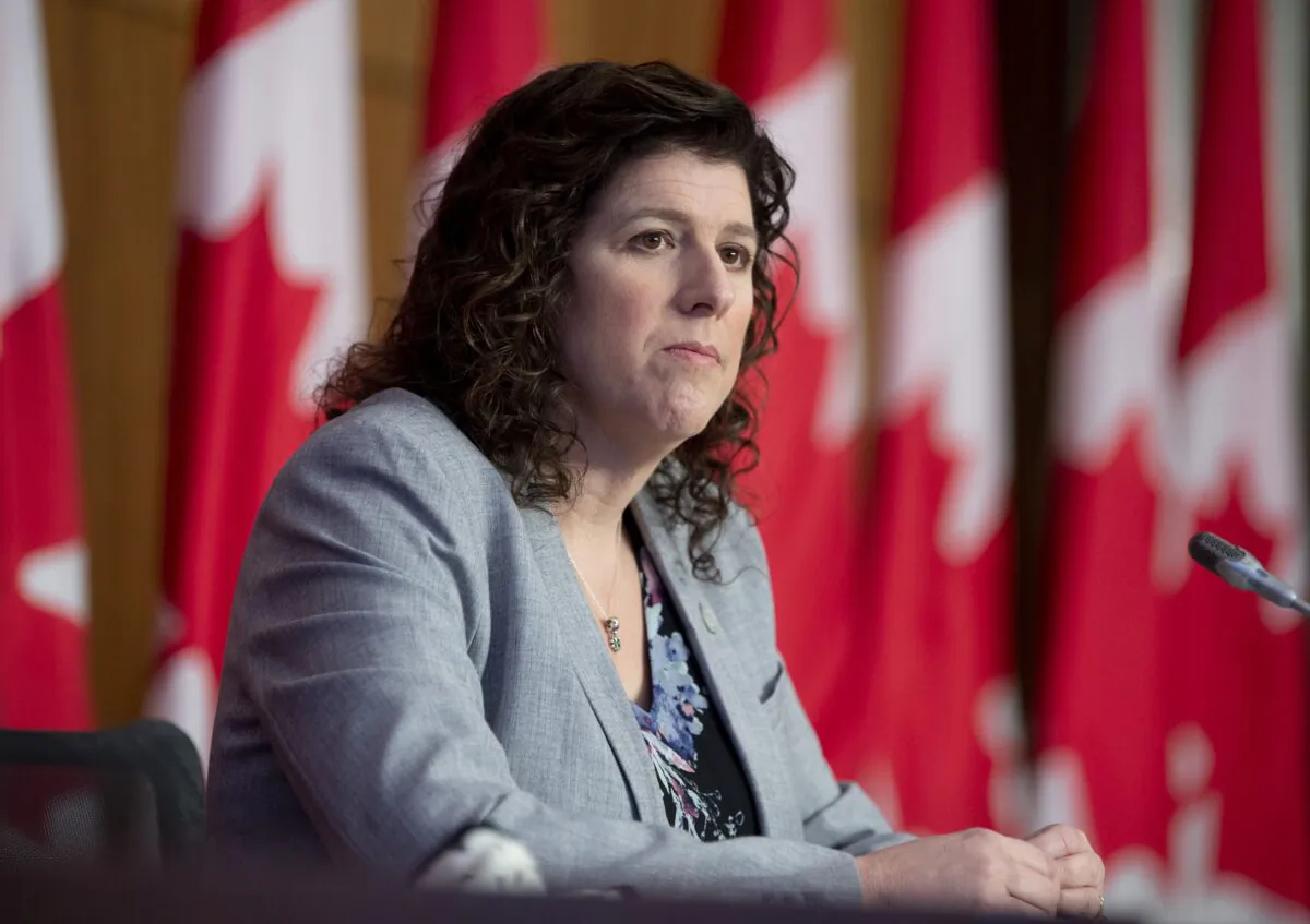 Auditor General Karen Hogan during a news conference following the tabling of reports in Ottawa, Canada, on March 25, 2021. (Adrian Wyld/The Canadian Press)