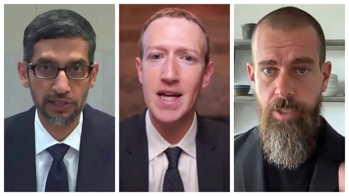 (L–R) Google CEO Sundar Pichai, Facebook CEO Mark Zuckerberg and Twitter CEO Jack Dorsey testify during a remote video hearing held by subcommittees of the U.S. House of Representatives Energy and Commerce Committee on "Social Media's Role in Promoting Extremism and Misinformation" in Washington, on March 25, 2021. (U.S. House of Representatives Energy and Commerce Committee/Handout via Reuters)