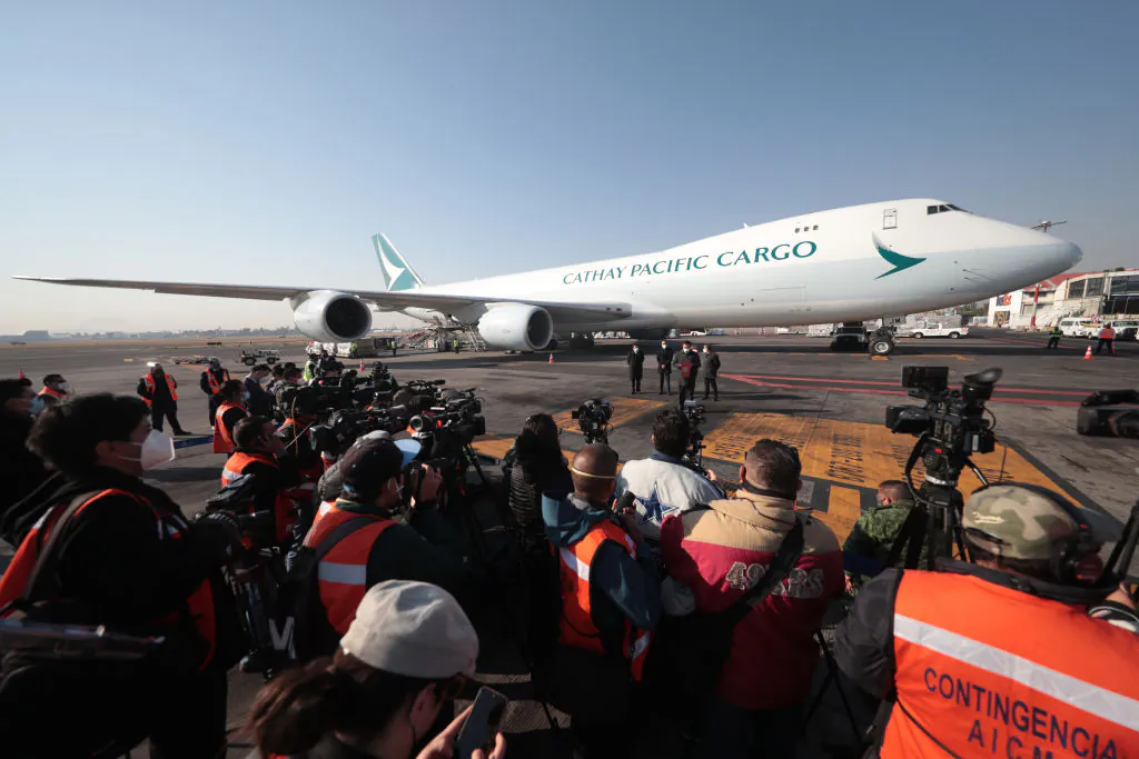 The first shipping of the Chinese-made CoronaVac vaccine arrives at Mexico City International Airport in Mexico on Feb. 20, 2021. (Hector Vivas/Getty Images)