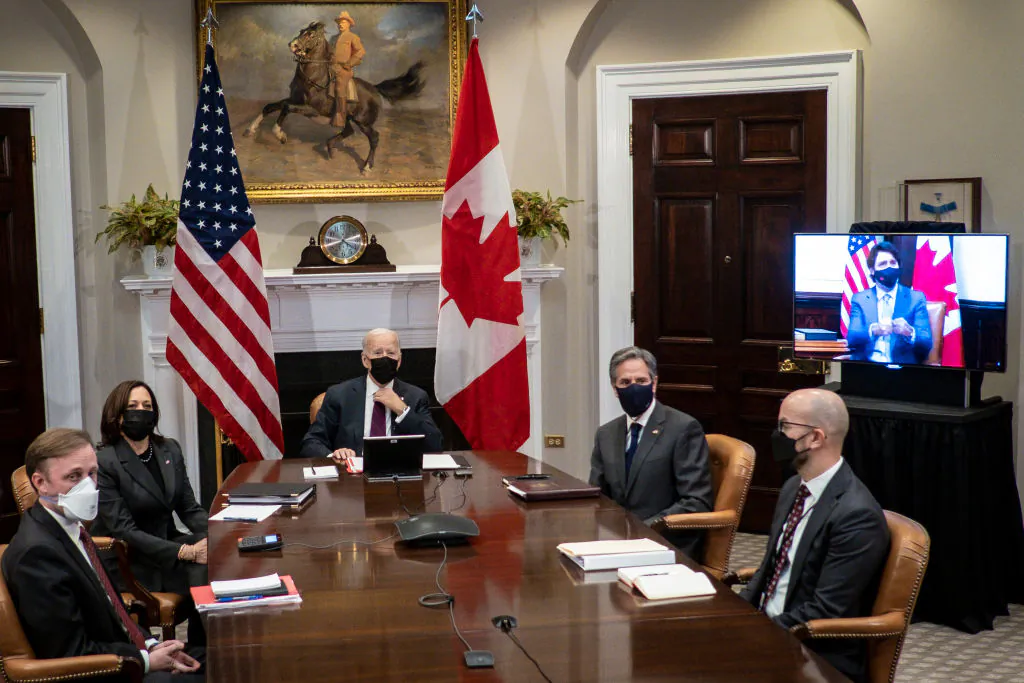 (L-R) U.S. National Security Adviser Jake Sullivan, Vice President Kamala Harris, President Joe Biden, Secretary of State Tony Blinken, and National Security Council Senior Director for Western Hemisphere Juan Gonzalez, participate in a virtual bilateral meeting with Prime Minister Justin Trudeau in the Roosevelt Room of the White House on Feb. 23, 2021. (Pete Marovich-Pool/Getty Images)