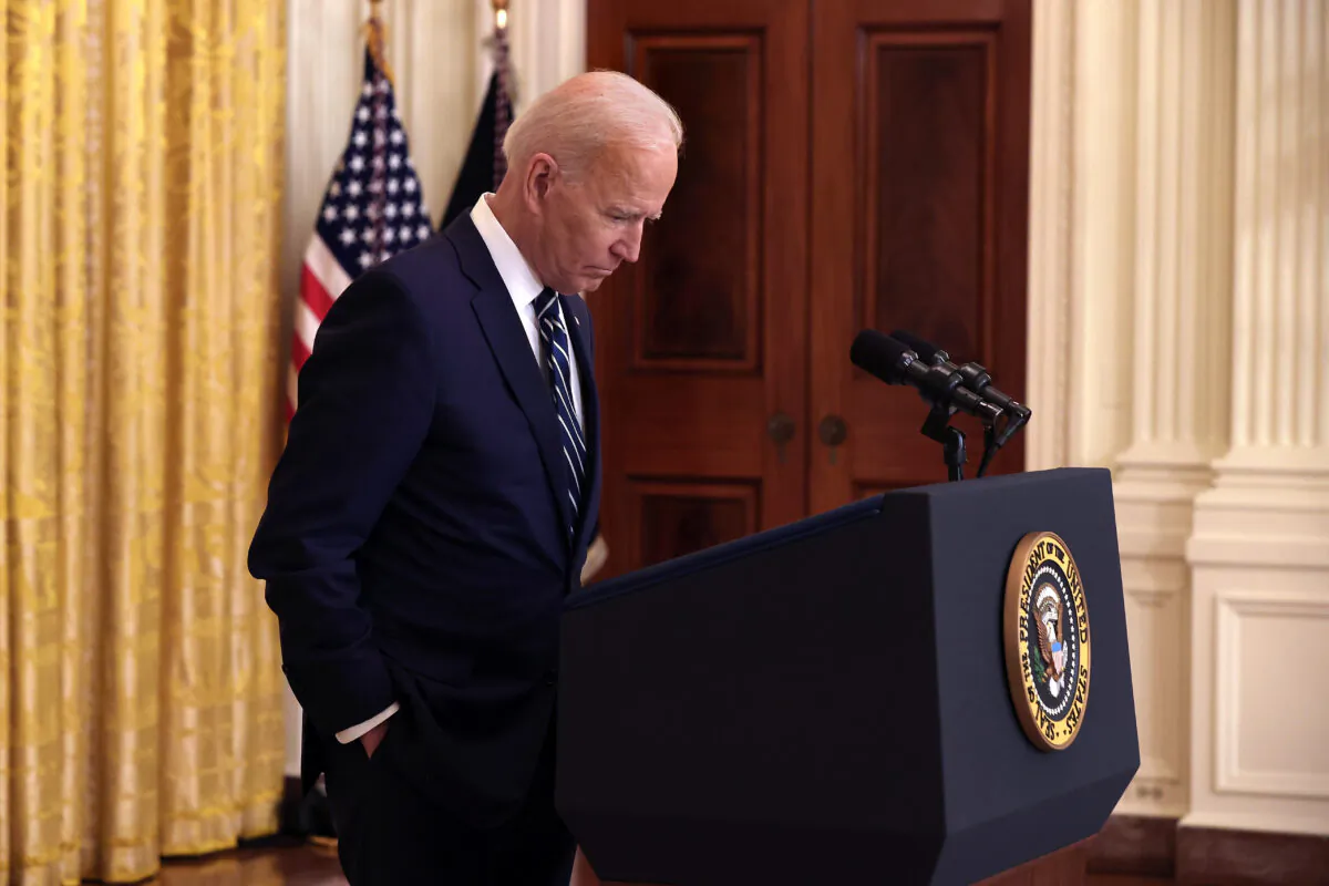 President Joe Biden talks to reporters during the first news conference of his presidency in the East Room of the White House in Washington, on March 25, 2021. (Chip Somodevilla/Getty Images)