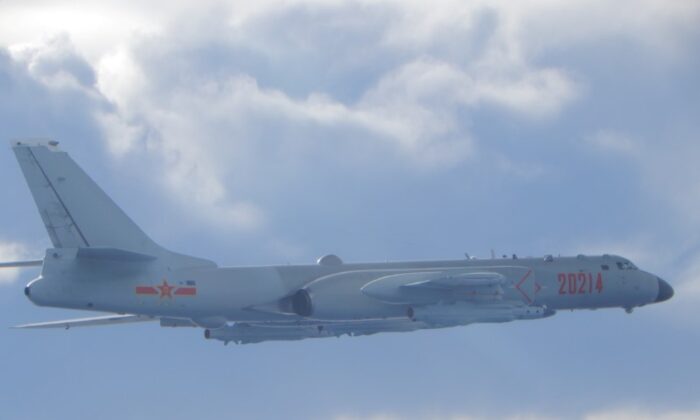 A People's Liberation Army (PLA) H-6 bomber flies on a mission near the median line in the Taiwan Strait, which serves as an unofficial buffer between China and Taiwan on September 18, 2020.   (Taiwan Ministry of National Defense/via Reuters)