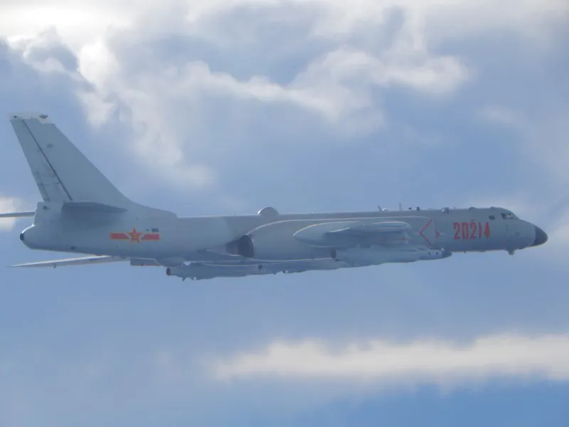 A People's Liberation Army (PLA) H-6 bomber flies on a mission near the median line in the Taiwan Strait, which serves as an unofficial buffer between China and Taiwan on September 18, 2020. (Taiwan Ministry of National Defense/via Reuters)