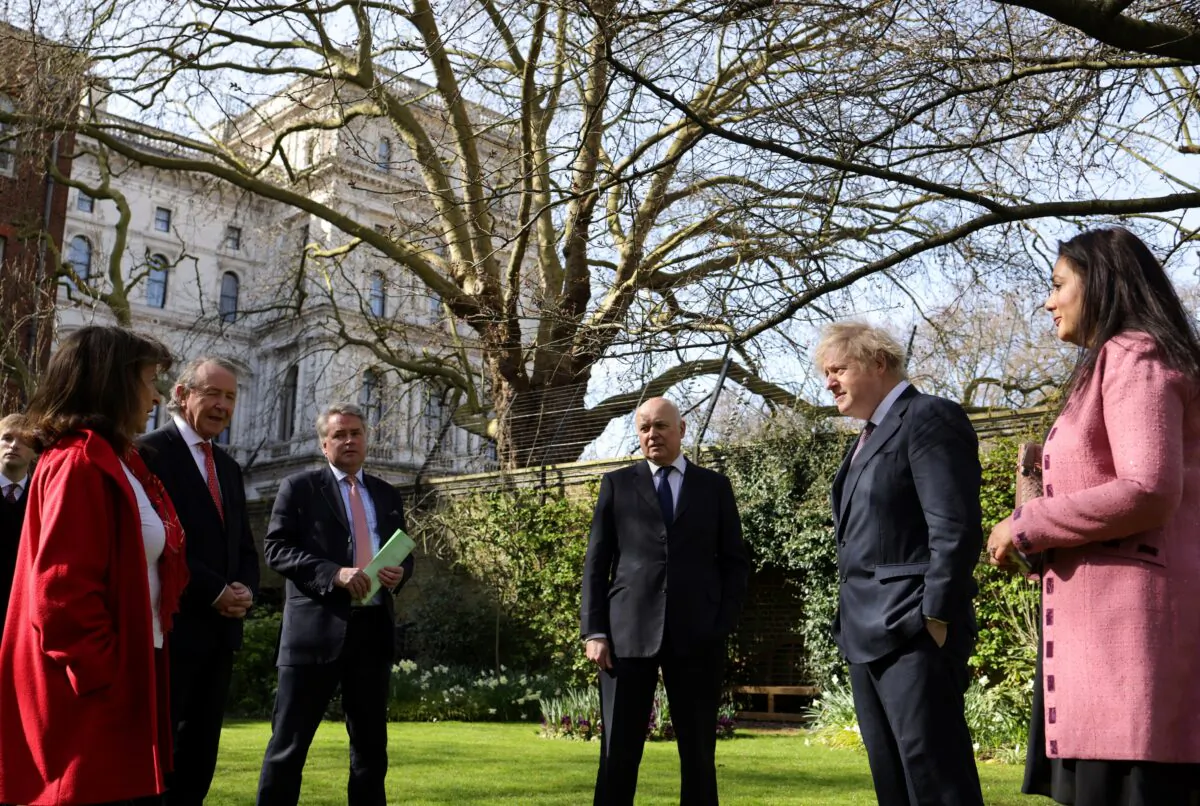 British Prime Minister Boris Johnson meets British parliamentarians sanctioned by China in 10 Downing Street, London, on March 27, 2021. (Prime Minister’s Office)