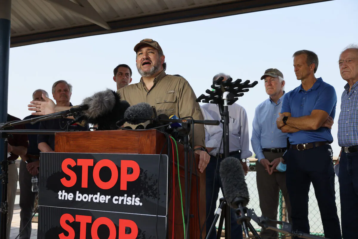 Sen. Ted Cruz (R-Texas) speaks to the media after a tour of part of the Rio Grande river on a Texas Department of Public Safety boat in Mission, Texas, on March 26, 2021. (Joe Raedle/Getty Images)