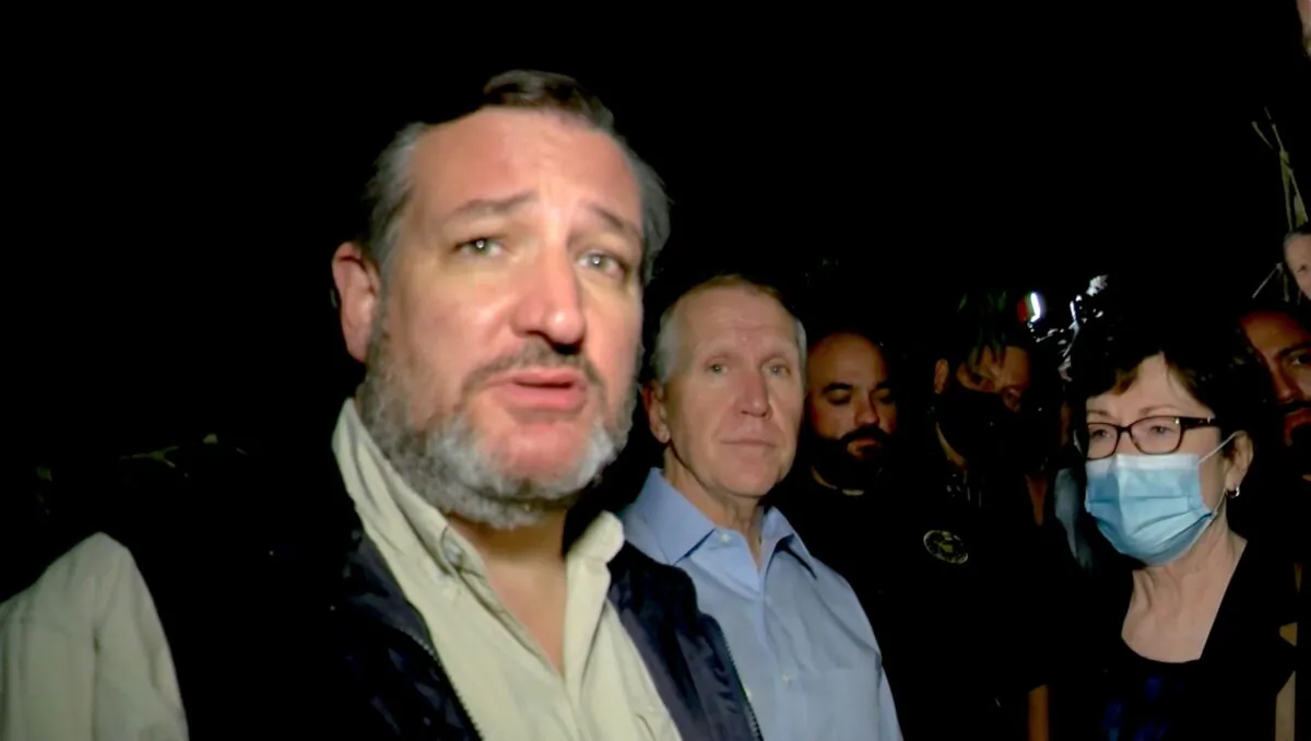 Sens. Ted Cruz (R-Texas), Thom Tillis (R-N.C.), and Susan Collins (R-Maine) are seen at an unspecified location near the Rio Grande River in Texas, on March 26, 2021. (Courtesy of Sen. Ted Cruz)