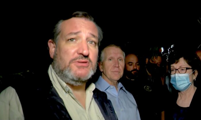 Sens. Ted Cruz (R-Texas), Thom Tillis (R-N.C.), and Susan Collins (R-Maine) are seen at an unspecified location near the Rio Grande River in Texas, on March 26, 2021. (Courtesy of Sen. Ted Cruz)