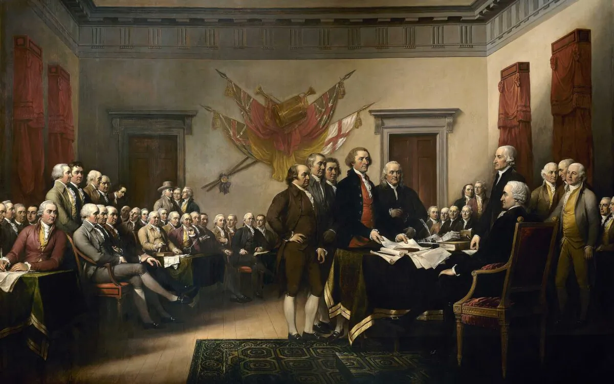 John Trumbull's painting, 1819, "Declaration of Independence," depicts the five-man drafting committee of the Declaration of Independence presenting their work to the Congress. The painting can be found on the back of the U.S. $2 bill. The original hangs in the U.S. Capitol rotunda. (Public Domain)