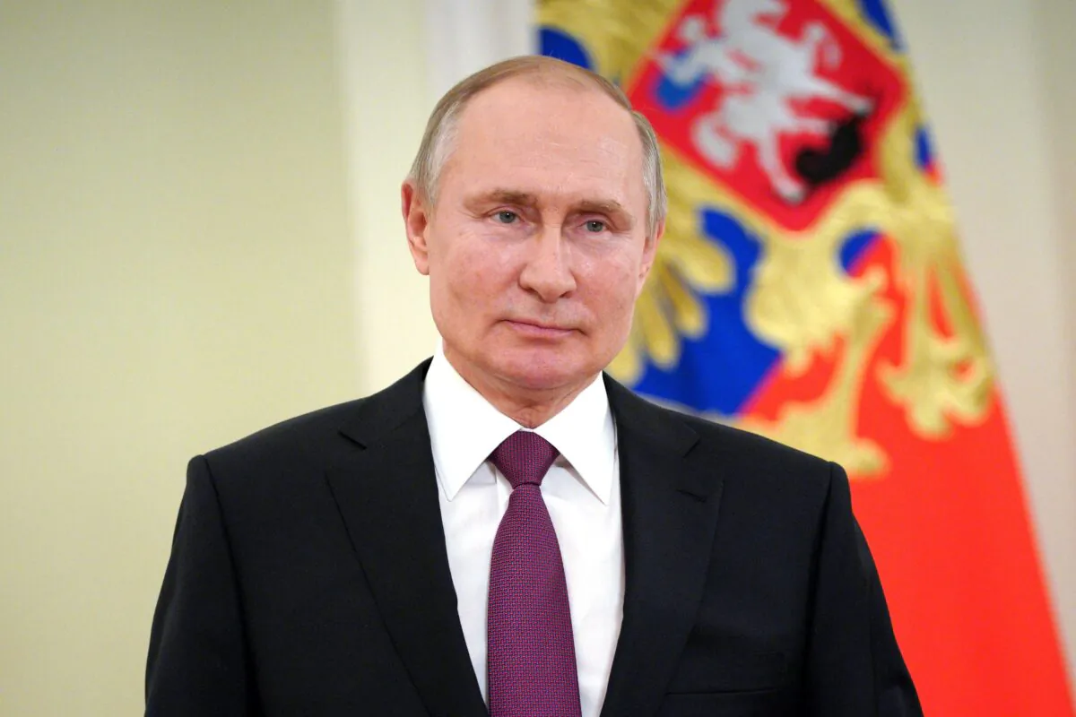 Russian President Vladimir Putin addresses on the occasion of the Day of the National Guard Troops, in Moscow, on March 27, 2021.(Photo by Mikhail Klimentyev/Sputnik/AFP via Getty Images)