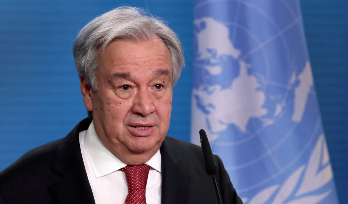U.N. Secretary-General Antonio Guterres addresses the media during a news conference in Berlin, Germany, on Dec. 17, 2020. (Michael Sohn/Pool via Reuters)