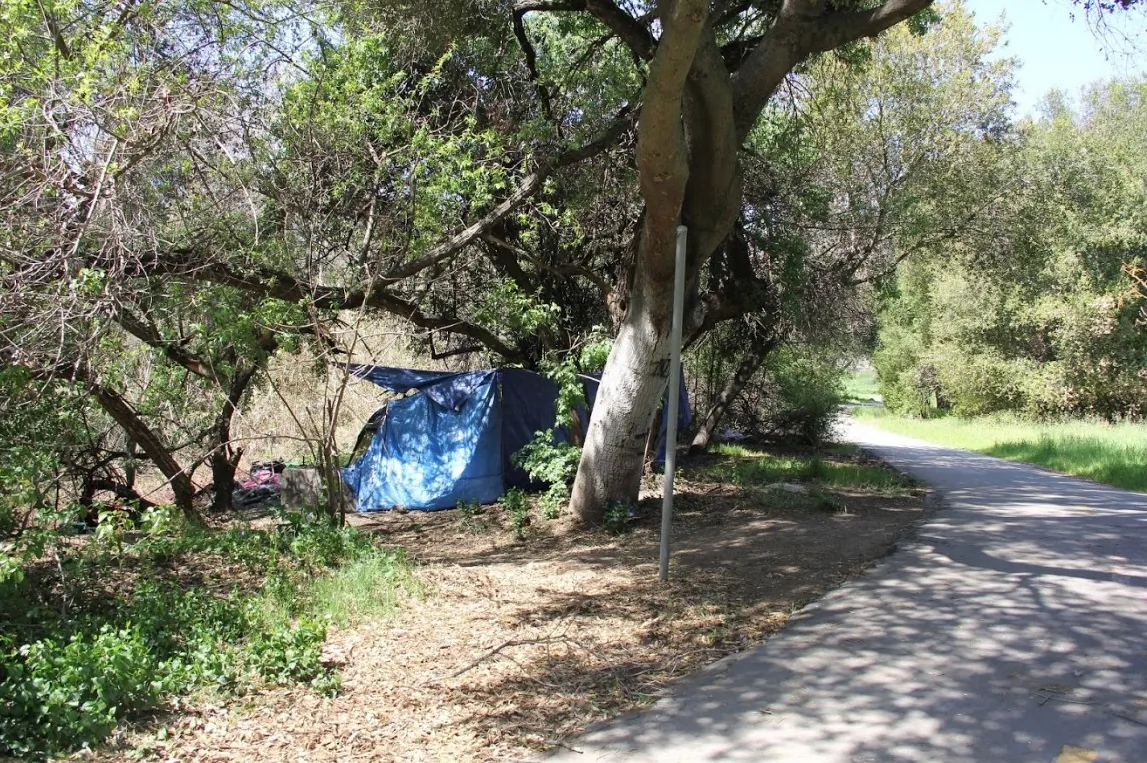 A tent encampment near the Coyote Creek Trail in San Jose, Calif., on March 24, 2021. (David Lam/The Epoch Times)