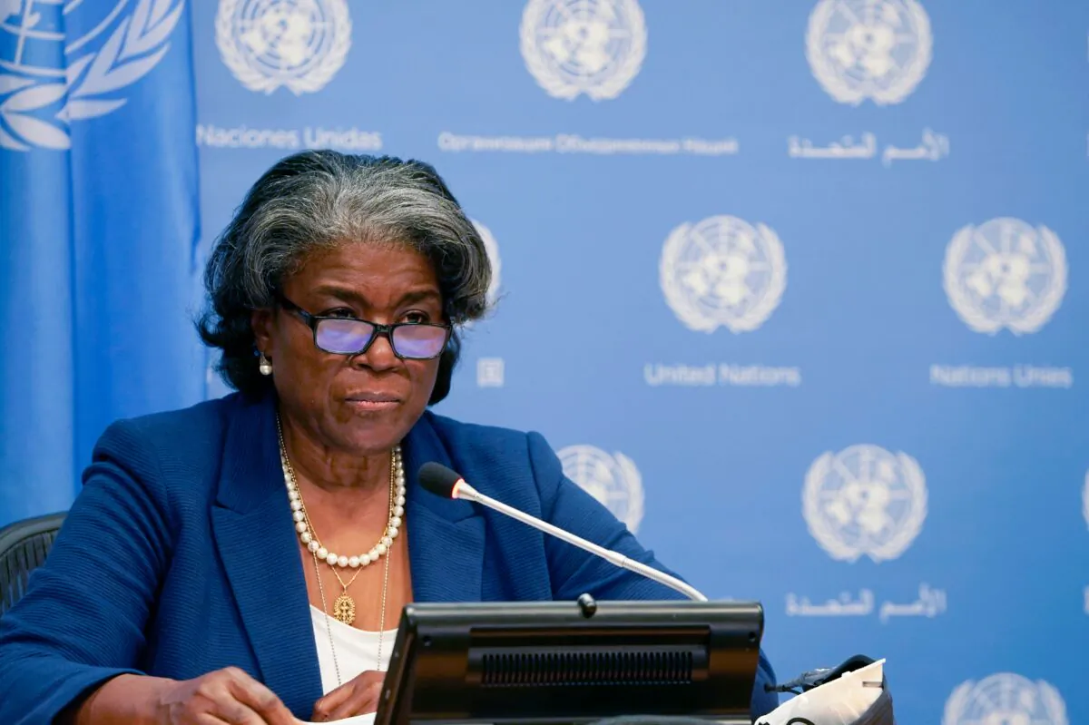 U.S. ambassador to the United Nations, Linda Thomas-Greenfield, speaks during a press conference at the U.N. Headquarters in New York on March 1, 2021. (Timothy A. Clary/AFP via Getty Images)