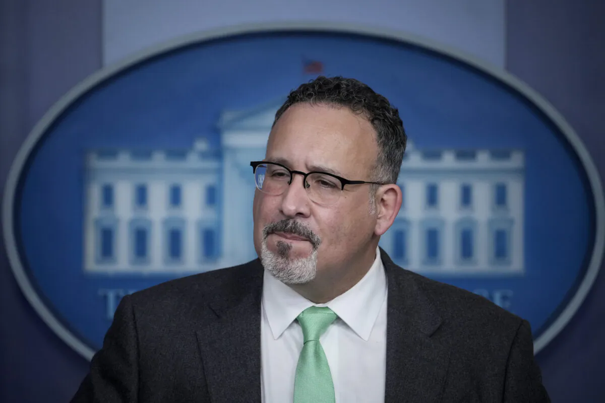 Secretary of Education Miguel Cardona speaks during the daily press briefing at the White House in Washington on March 17, 2021. (Drew Angerer/Getty Images)
