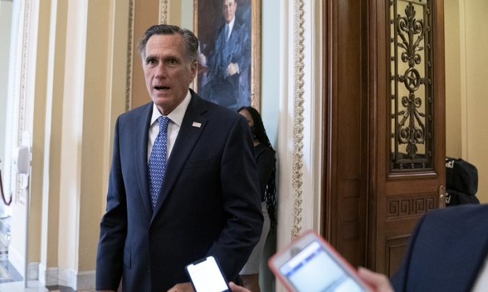 Sen. Mitt Romney (R-Utah) speaks to reporters at the U.S. Capitol in Washington on Sept. 21, 2020. (Stefani Reynolds/Getty Images)