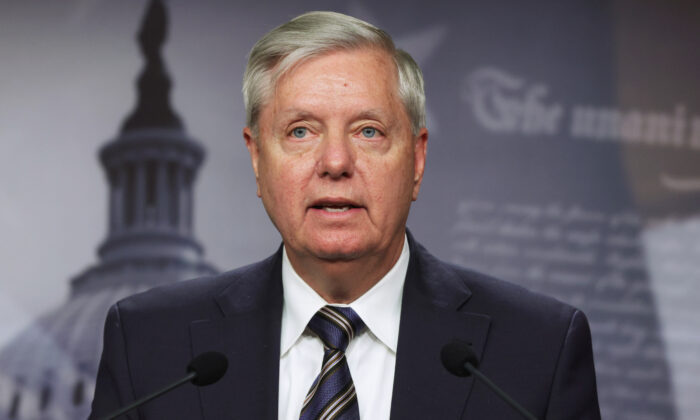 Sen. Lindsey Graham (R-SC) speaks during a news conference at the U.S. Capitol on March 5, 2021. (Alex Wong/Getty Images)
