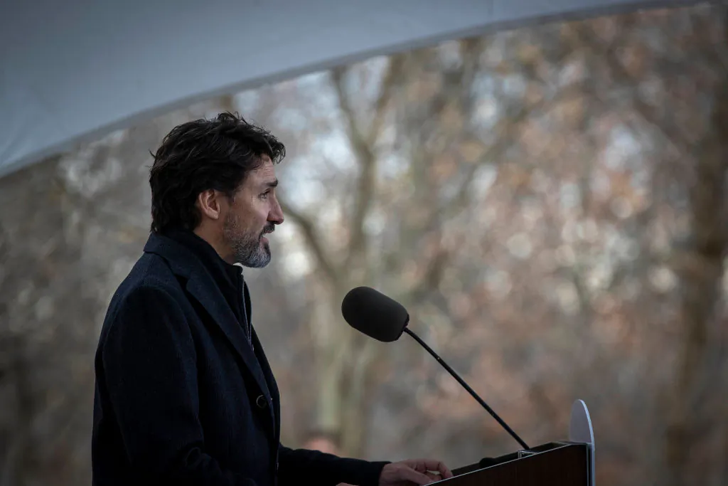 Canadian Prime Minister Justin Trudeau speaks during a COVID-19 pandemic briefing from Rideau Cottage in Ottawa, Canada, on Nov. 20, 2020. (Lars Hagberg/AFP via Getty Images)