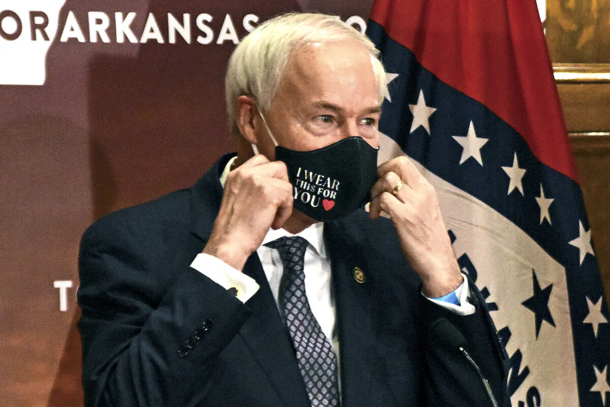 Arkansas Gov. Asa Hutchinson at the state Capitol in Little Rock, Arkansas, on July 20, 2020. (Staci Vandagriff/The Arkansas Democrat-Gazette via AP)