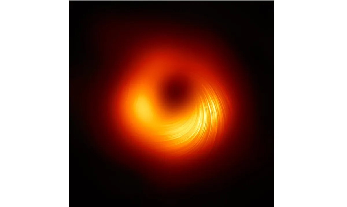 A view of the M87 supermassive black hole in polarized light. The lines mark the orientation of polarization, which is related to the magnetic field around the shadow of the black hole. (EHT Collaboration)