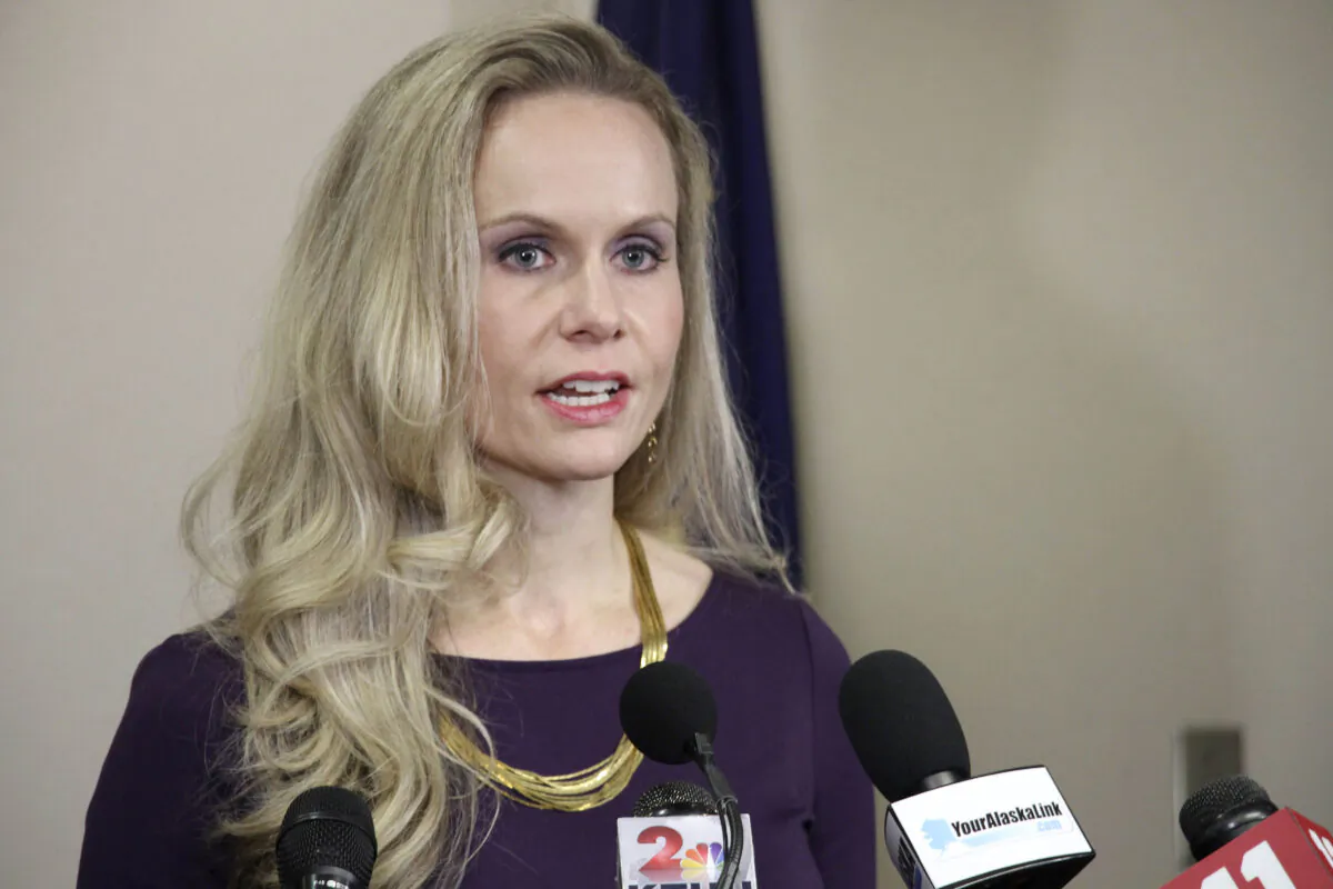 In this Sept. 26, 2019 file photo, then Alaska Department of Administration Commissioner Kelly Tshibaka addresses reporters in Anchorage, Alaska. (Mark Thiessen/AP)