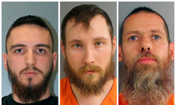 Paul Bellar (L), Joseph Morrison (C), and Pete Musico (R), who are accused of being involved in a plot to kidnap Michigan Gov. Gretchen Whitmer over her CCP virus restrictions. (Jackson County Sheriff's Office via AP)