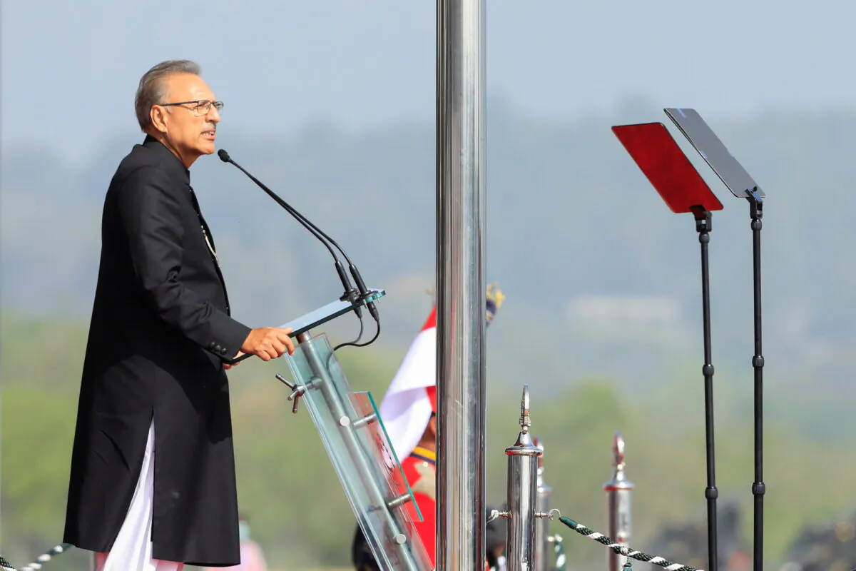 Pakistani President Arif Alvi speaks during the Pakistan Day military parade in Islamabad, Pakistan, on March 25, 2021. (Salahuddin/Reuters)