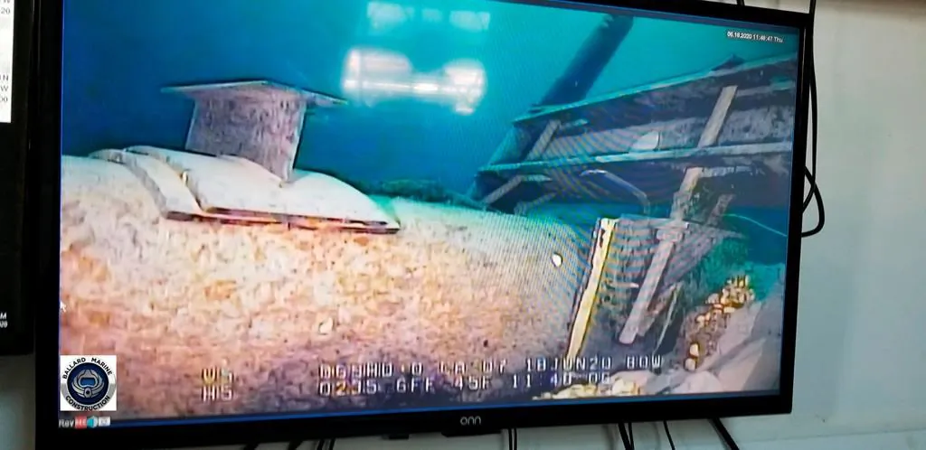 Damage to anchor support EP-17-1 on the east leg of the Enbridge Line 5 pipeline within the Straits of Mackinac in Michigan is seen in this June 2020 photo. (The Canadian Press/HO - AP, Michigan Department of Environment, Great Lakes, and Energy)