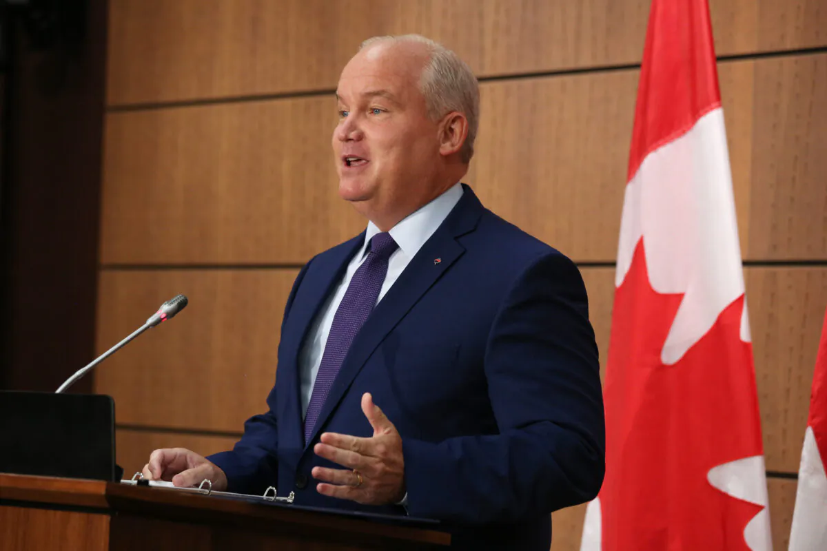 Conservative Party of Canada leader Erin O'Toole speaks during a news conference on Parliament Hill on Aug. 25, 2020 in Ottawa. (Photo by DAVE CHAN/AFP via Getty Images)