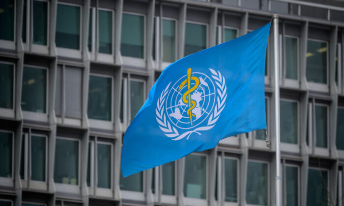 The flag of the World Health Organization (WHO) at their headquarters in Geneva on March 5, 2021. (Fabrice Coffrini/AFP via Getty Images)