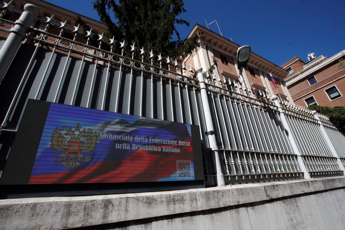 A view of the Russian Embassy in Rome, Italy, on March 31, 2021. (Alessandra Tarantino/AP Photo)