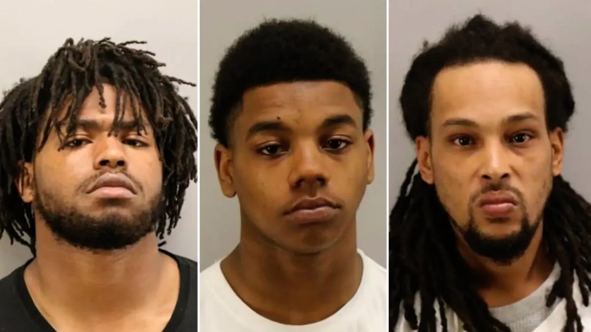 From left: Jhaimeek Kerion Carter, 18; Tyereis Smith, 18; and Gerald Scott Thomas II, 35 in a booking photo. (Courtesy of the Virginia Beach Police Department)