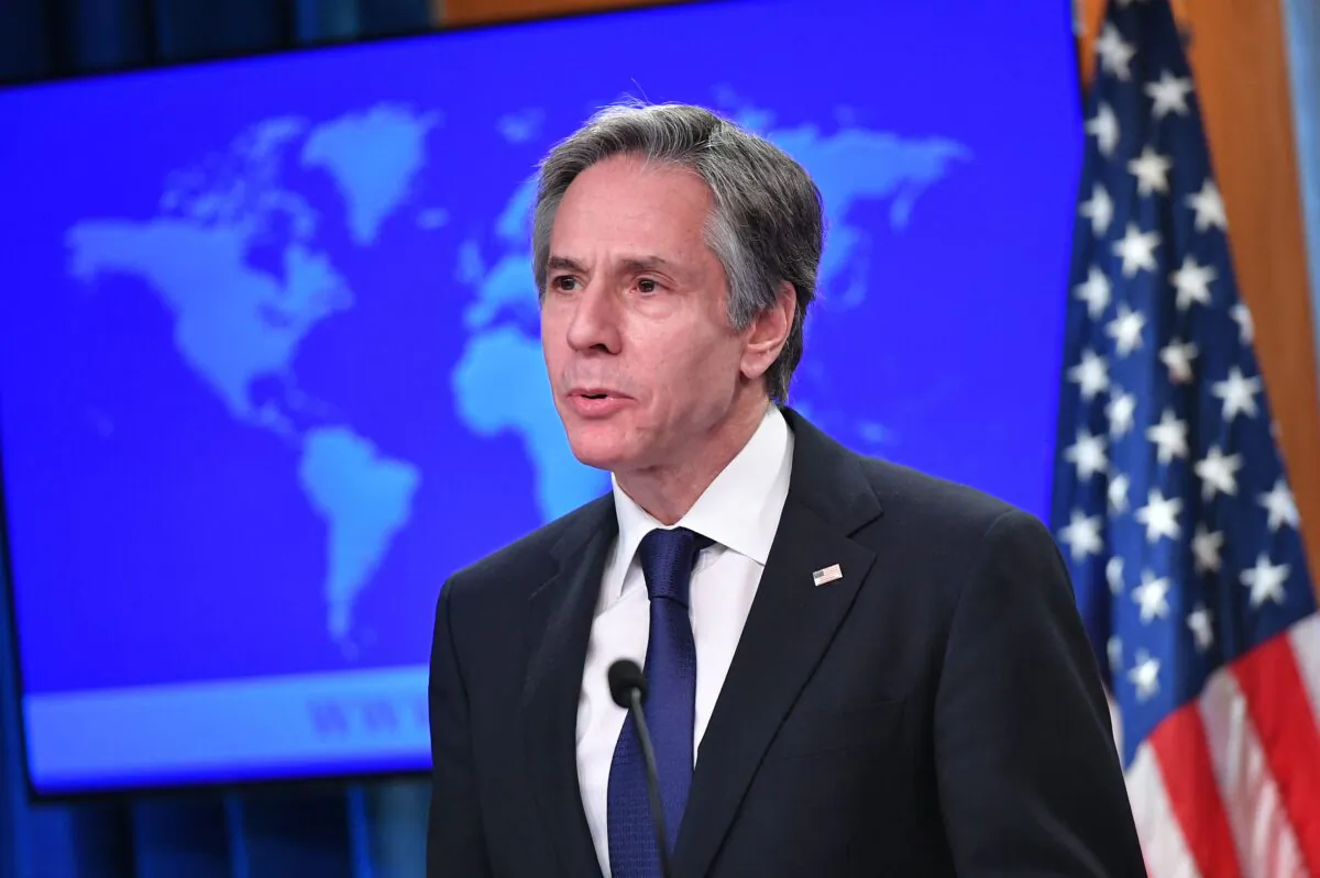 U.S. Secretary of State Antony Blinken speaks during the release of the 2020 Country Reports on Human Rights Practices, at the State Department in Washington, on March 30, 2021. (Mandel Ngan/POOL/AFP via Getty Images)