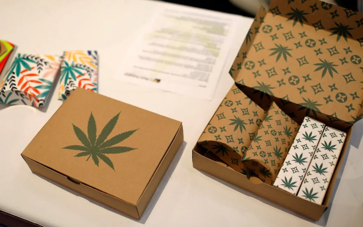 Cannabis product boxes are displayed at The Cannabis World Congress & Business Exposition trade show in New York City on May 30, 2019. (Mike Segar/Reuters)