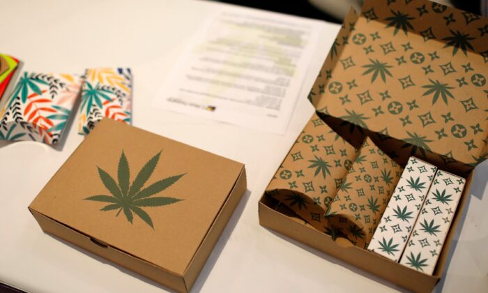 Cannabis product boxes are displayed at The Cannabis World Congress & Business Exposition trade show in New York City on May 30, 2019. (Mike Segar/Reuters)